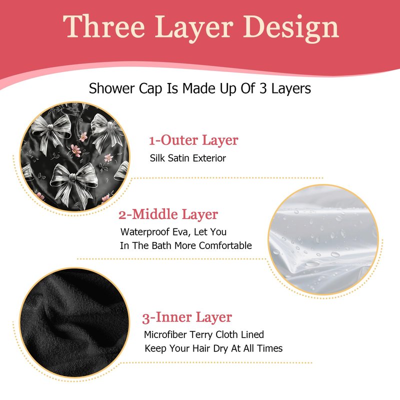 Deokke Luxury Shower Cap Terry Lined Elastic Triple Layer Waterproof Reusable Dry Hair Bathing Caps Aesthetic Cute for Women Girls-Grey black Bowknot