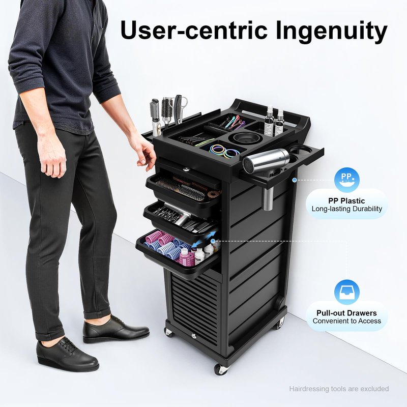 REHOUPTU 7-Layer Black Salon Trolley Cart, Multi-Function Rolling Salon Spa Service Cart, Rolling Hair Cart Organizer with Secure Lock, Mobile Stylist Storage Station for Beauty Hairdressing Shops
