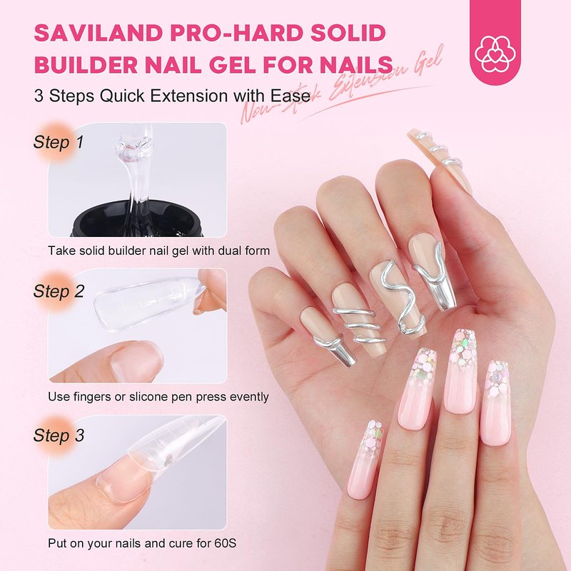 SAVILAND PRO-Hard Solid Builder Nail Gel for Nails: 2026 Ultra-Strength | Non-Sticky | Clear 3D Nail Gel with U V Lamp for 3D Nail Carving Emboss & Fast Extension Professional Use Salon