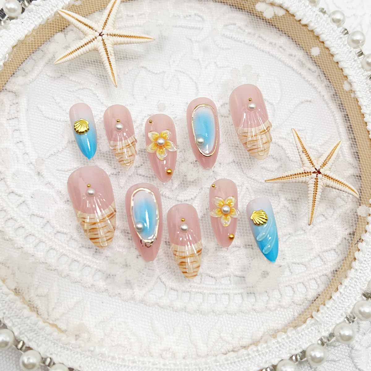 Skiennix Summer Beach Press-On Nails | Long Almond French Tips with 3D Flower & Gold Shell Design | Blue Gradient, 24 Pcs