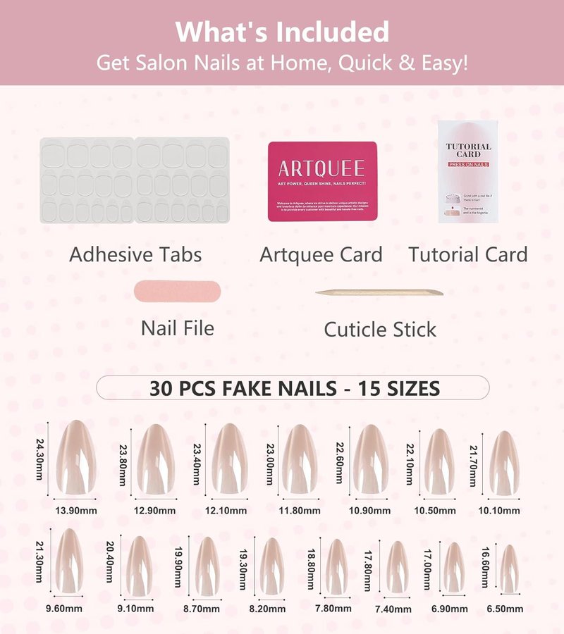 Press On Nails - Medium Length Aurora Cat Eye Shine Almond Tips | Pink Glossy Reusable Fake Nails Kit - 30 Pcs, 15 Sizes