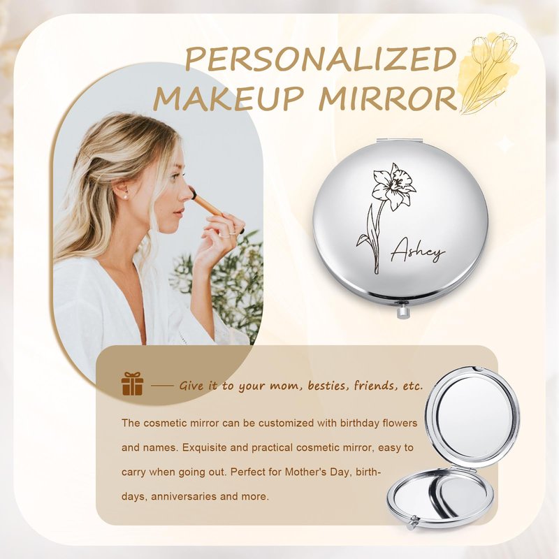 Ahgmeside Personalized Compact Mirror for Women - Pocket Mirror for Women,Custom Birthflower Travel Makeup Mirror for Wife, Mom, Bridesmaid Gifts for Daughter Friend (Silver)