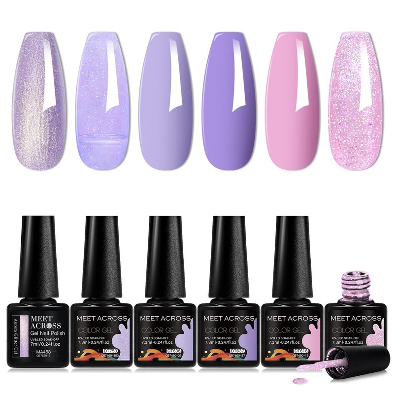 MEET ACROSS Gel Nail Polish Set 6 Colors Purple Glitter Gel Nail Polish Neutral Pearl Pink Shimmer Mermaid Nail Drawing Soak Off LED Art Kit Salon DIY Gift for Women