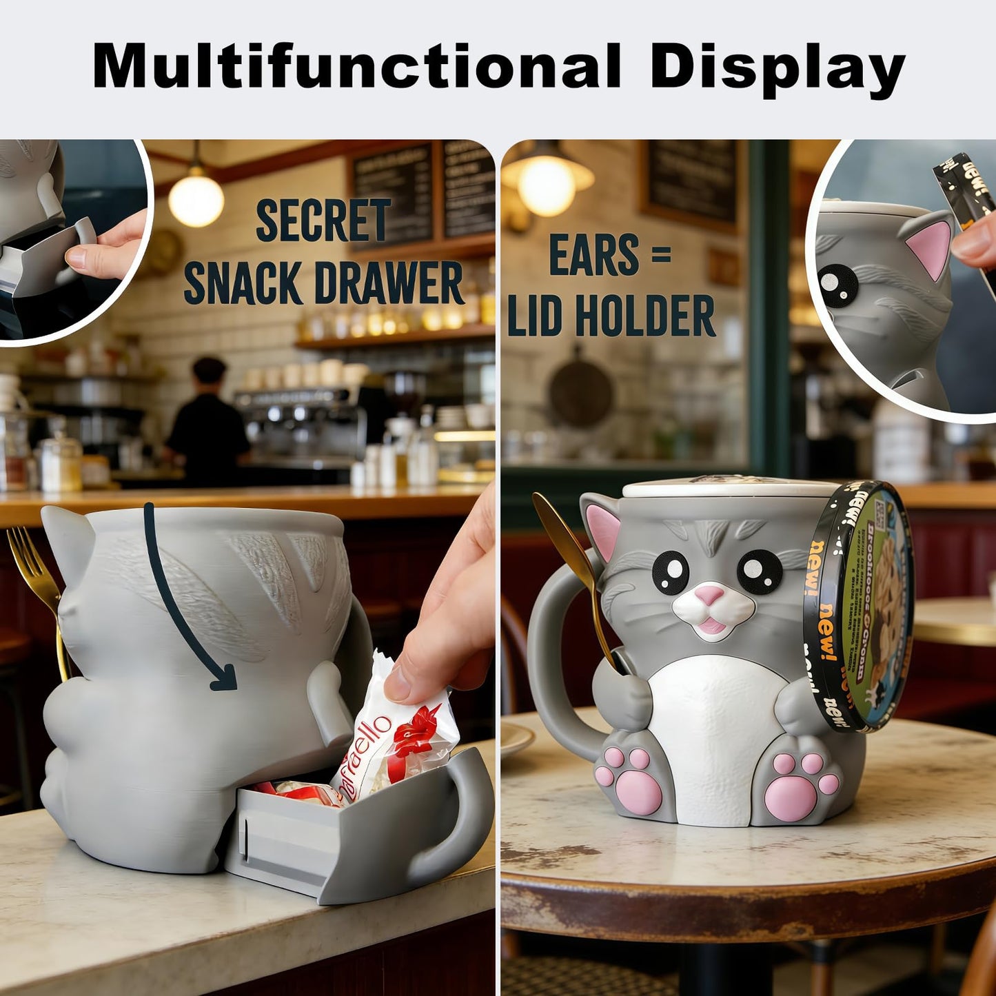 LDJDSDS Ice Cream Pint Holder, Insulated Ice Cream Holder Sleeves for 16 oz Pints with Spoon Slots & Hidden Snack Drawer, Leak Proof Popsicle Cooler Container Cozy, Gifts for Animal Lovers (Cat)