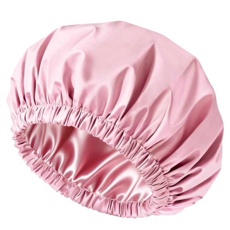 Doitory Shower Cap for Women, Reusable Waterproof Shower Cap Satin Lined with Soft Elastic Band, Large Washable Bath Caps(Pink)
