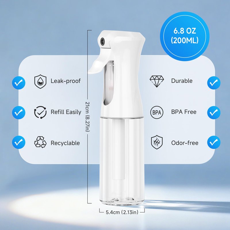 3 Pack Continuous Spray Bottles - Ultra Fine Mist Sprayer, Refillable Water Sprayer for Hairstyling, Plants, Pets, Cleaning, Skincare (6.8 OZ/200ML,White)