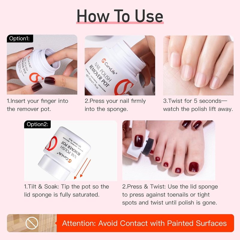 Curvlife Acetone-Free Nail Polish Remover Pot, Quick Removal & Gentle on Skin, Jojoba Oil & Sponge Applicator for Home Salon, 50ml/1.7 fl oz Nail Care