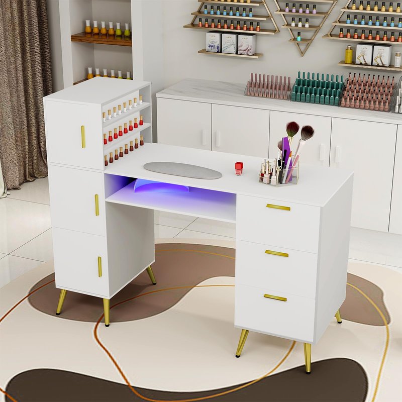 ARTETHYS Portable Nail Desk with Drawers White Manicure Table Nail Station with Shelves L-Shaped Salon Corner Nail Art Equipment for Nail Tech