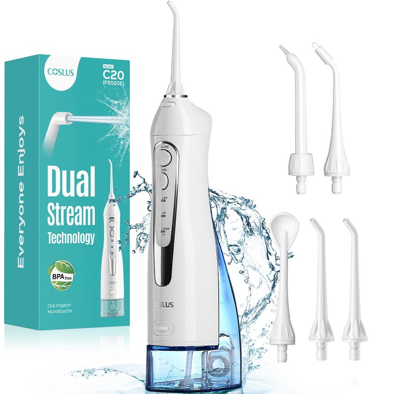 COSLUS Water Dental Flosser Teeth Pick C20: ADA Accepted, Portable Cordless Oral Irrigator 300ML Rechargeable Travel Irrigation Cleaner IPX7 Waterproof Electric Flossing Machine for Teeth, White