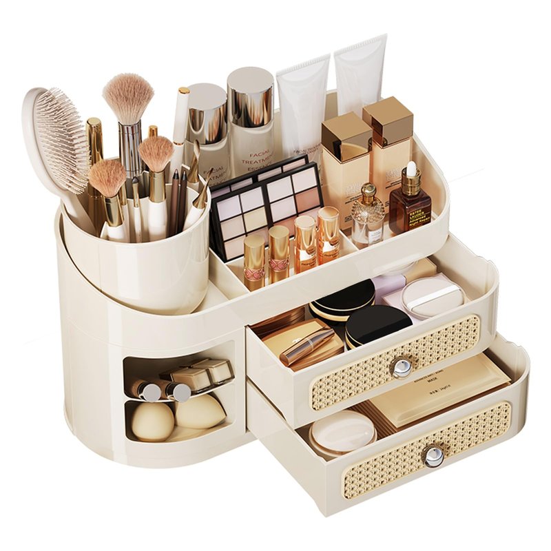 Hoiwio Makeup Organizer for Vanity with 360° Rotating Removable Brush Holder - Bathroom Countertop Dresser Organization, Beauty Cosmetic Storage with Drawer for Skincare, Perfumes, Lipsticks