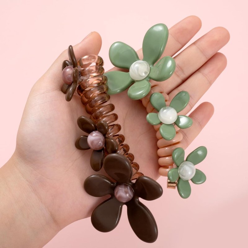 Flower Bead Spiral Hair Ties - 4PCS Floral Ponytail Holders for Women | Elegant Rubber Coils in 4 Colors
