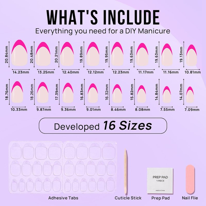 BTArtbox French Tip Press On Nails - Hot Pink Almond Shape | 32 Soft Gel Fake Nails Kit in 16 Sizes