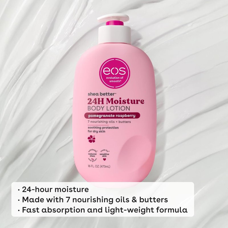 Eos Shea Better Body Lotion - Pomegranate Raspberry, 24-Hour Moisture, Lightweight & Non-Greasy, 16 fl oz (Pack of 2)