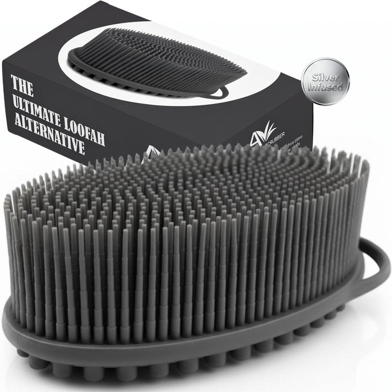 Avilana Silver Edition Body Scrubber - Silver-Ion Infused Silicone Shower Brush, ISO Tested Dual Sided, Stays Fresher Longer, SGS Certified Gentle Exfoliating Loofah Alternative Sensitive Skin Women