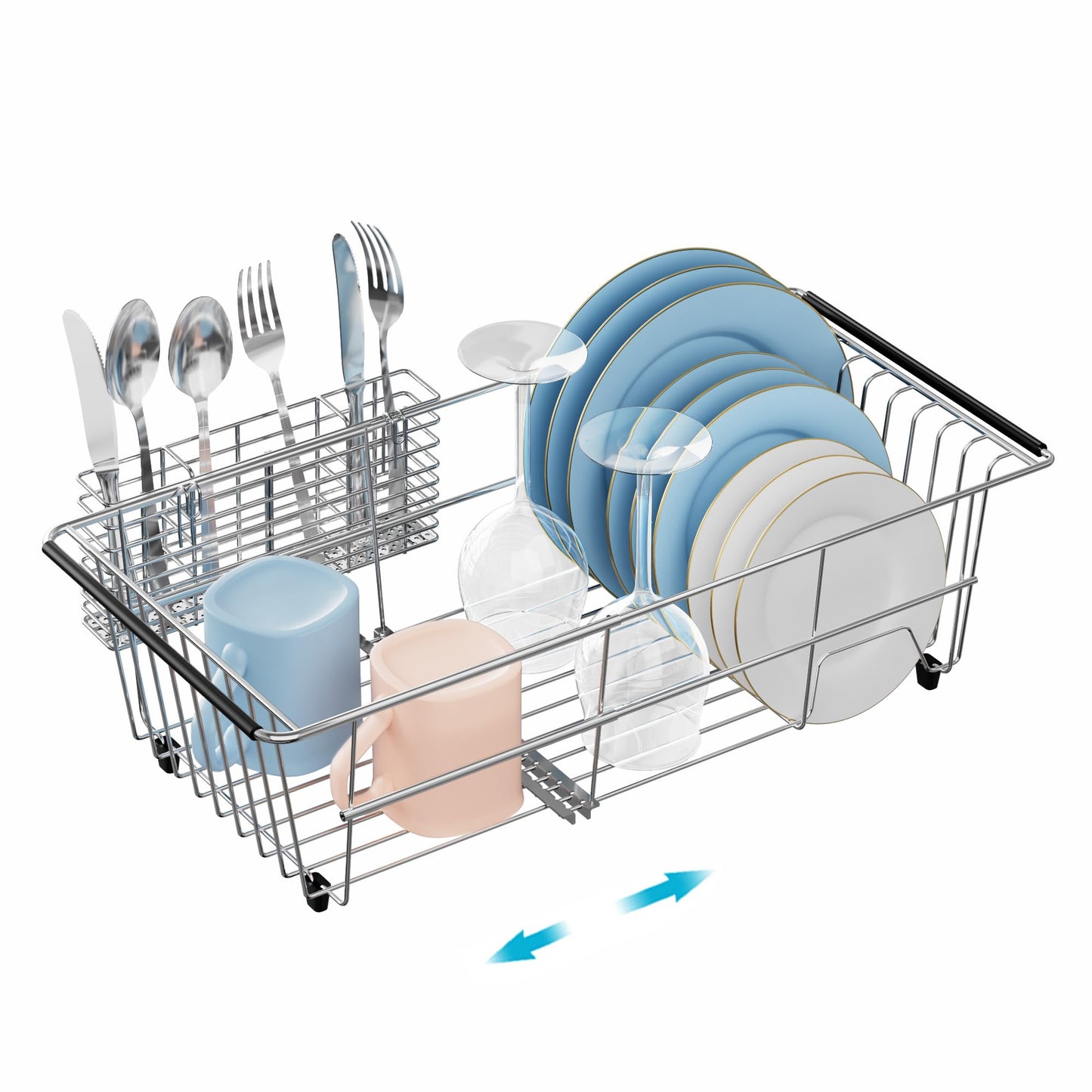 iPEGTOP Capacity Expandable Over Sink Dish Drying Rack, Multifunctional Adjustable (14"-18.5") Rustproof Stainless Steel Dish Drainer Organizer Shelf with Utensil Holder for Kitchen Counter Sink
