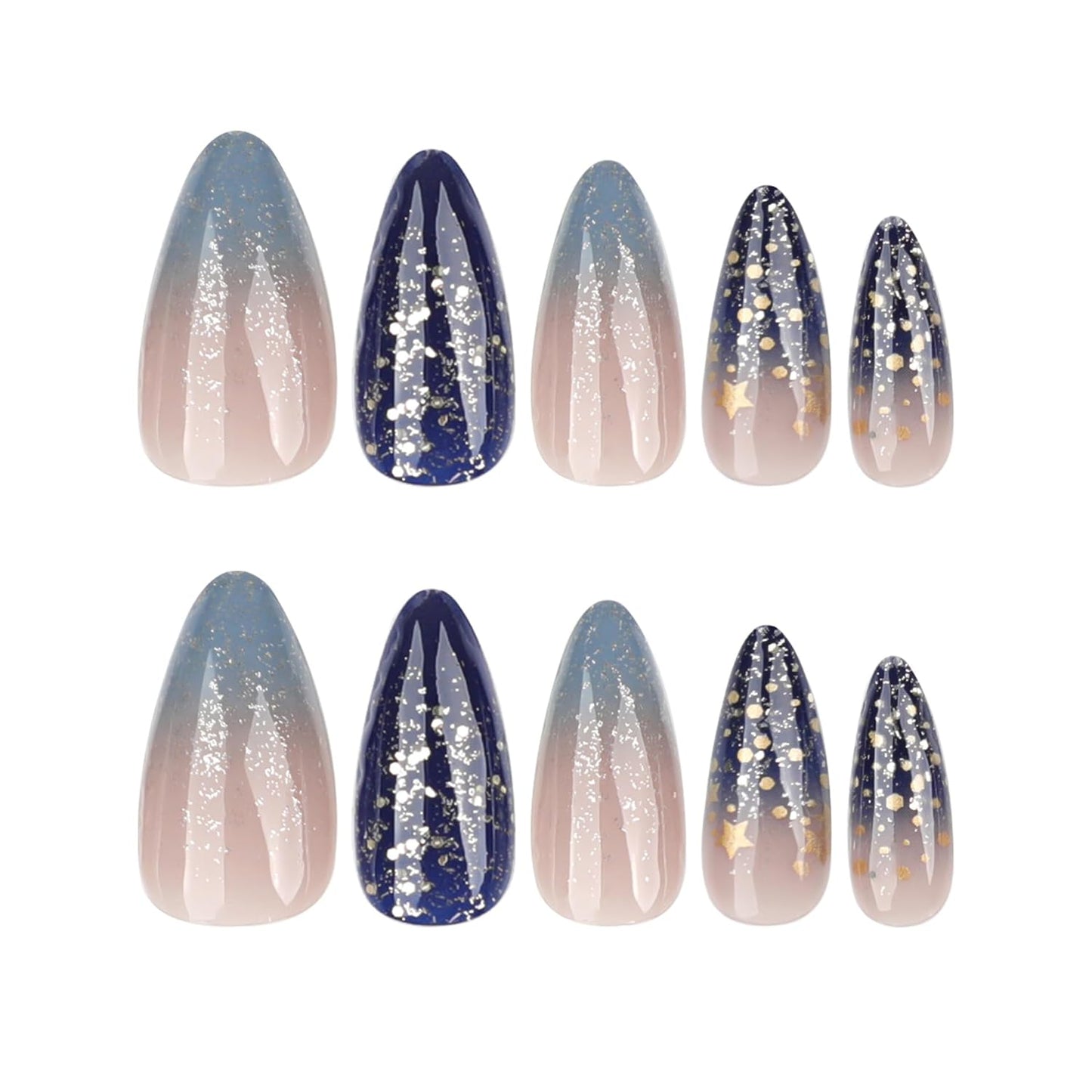 Skiennix Spring Fake Acrylic Press On Nails - Starry Sky Medium Almond, Glossy Reusable Design for Weddings & Parties | Perfect Gift for Women
