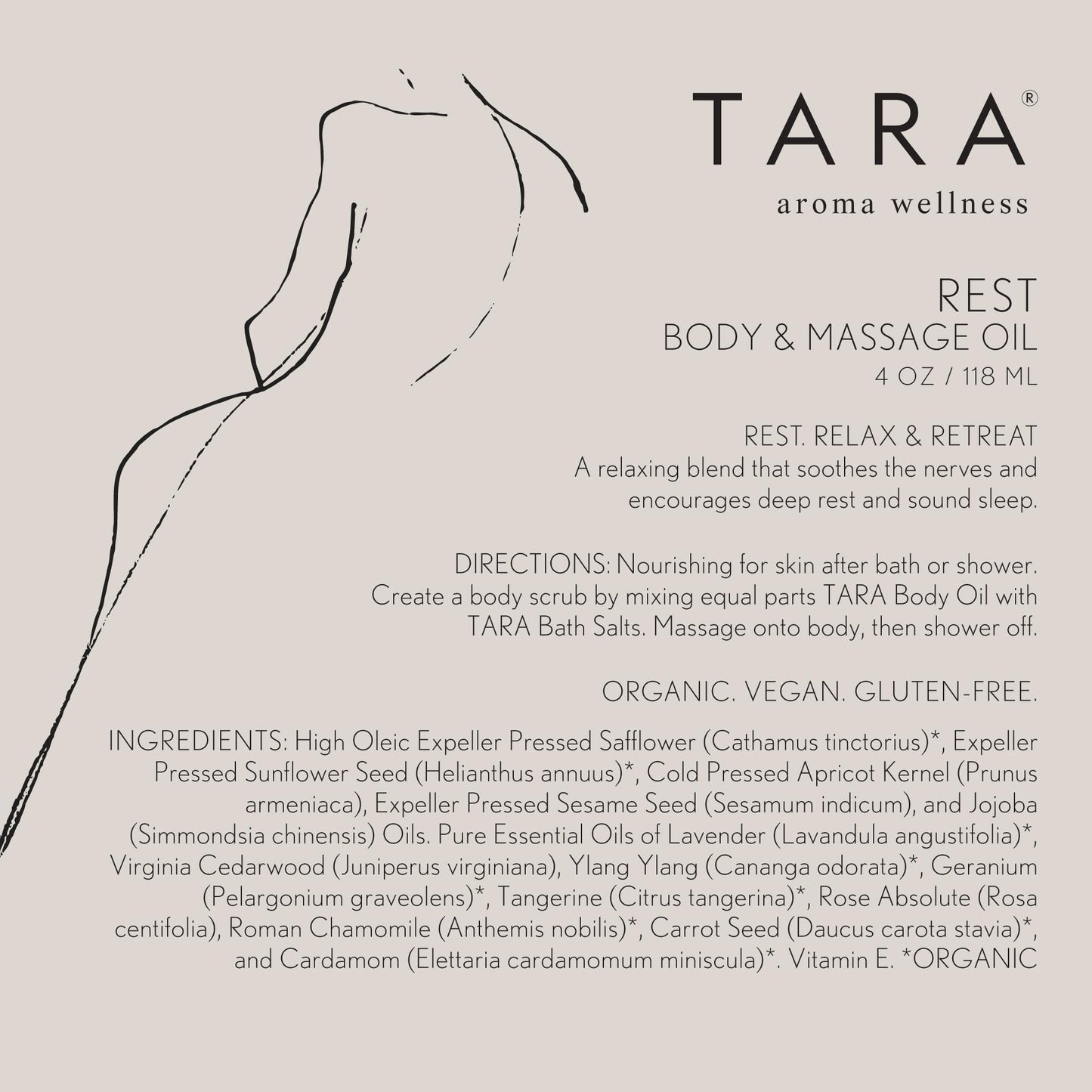 TARA Spa Therapy Rest Body & Massage Oil – Premium Organic Oil for Deep Relaxation & Rest, 100% Pure Essential Oils, Lavender, Chamomile & Sandalwood, 4 oz