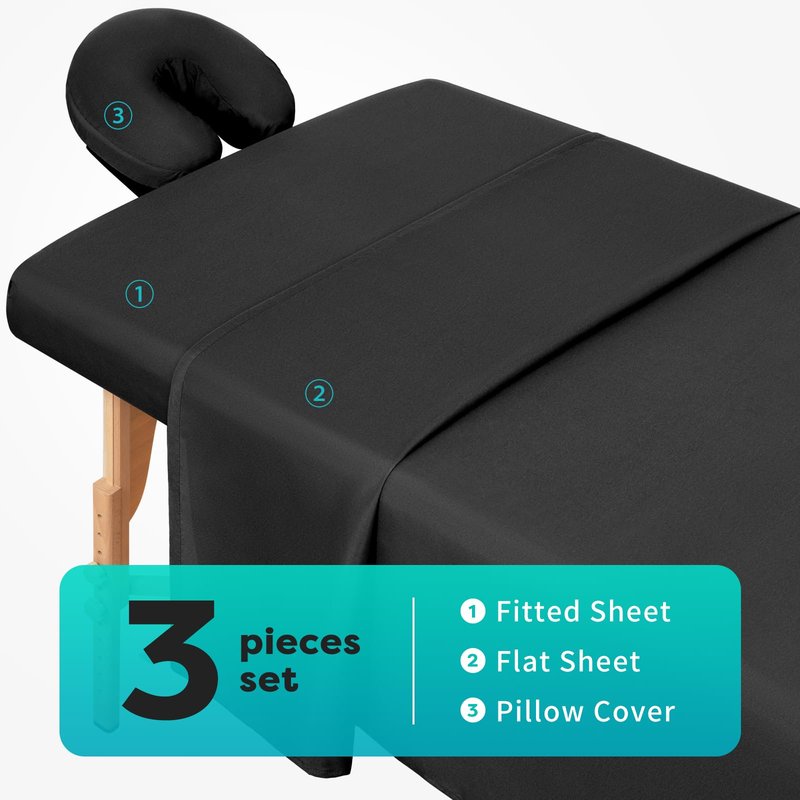 Comfyanno Massage Table Sheets Sets, 3 Pcs Professional Microfiber Spa Therapy Bed Sheets Cover, Soft, Light-Weight, Stain & Wrinkle Resistant, Includes Flat & Fitted Sheet, Face Cradle Cover - Black