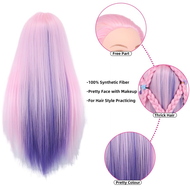 Eumos Mannequin Head with Hair, 29'' Doll Head for Hair Styling Training Head Manikin Practice Cosmetology Doll Head Styling Hairdressing Training Braiding Heads with Clamp Holder (Pink Purple)