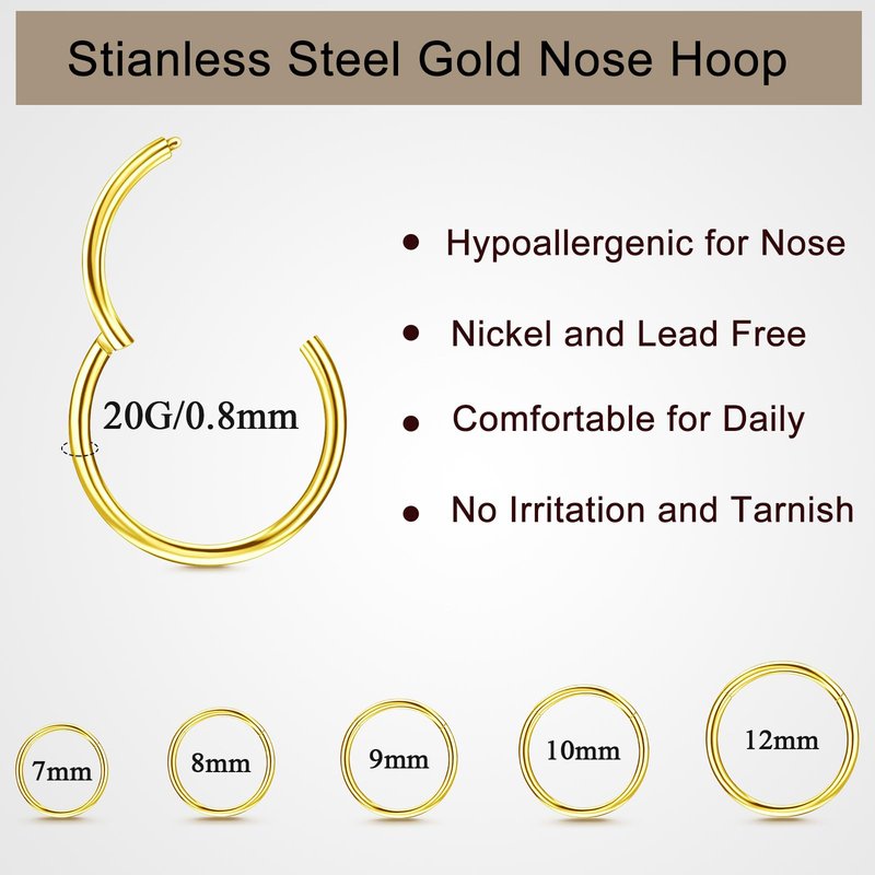 ONESING 10Pcs Gold Nose Ring Hoop 20G Clicker Nose Hoops Hypoallergenic Stainless Steel Nose Piercings Jewelry Gold Nose Jewelry Septum Helix Cartilage Lip Body Piercings for Women Men 7mm 8mm 9mm 10mm 12mm