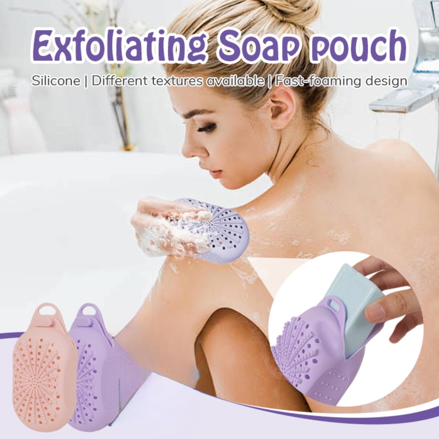 Silicone Soap Bag, Dual-Sided Soap Box Scrubber, Quick-Dry Soap Saver for Shower, Gentle Exfoliating Silicone Pouch, Shower Scrubber for Body (Pink)