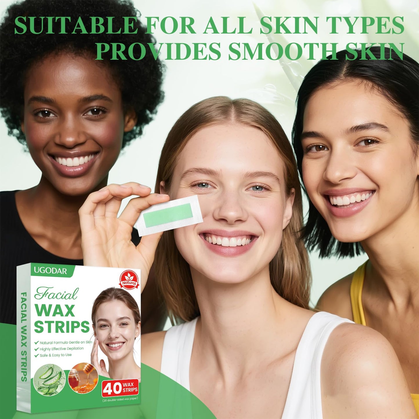 UGODAR 40PCS Facial Wax Strips for Women, Hypoallergenic Natural Face Wax Strips, Gentle Facial Hair Removal with 4 Calming Oil Wipes, Eyebrow Wax Strips for All Skin Types