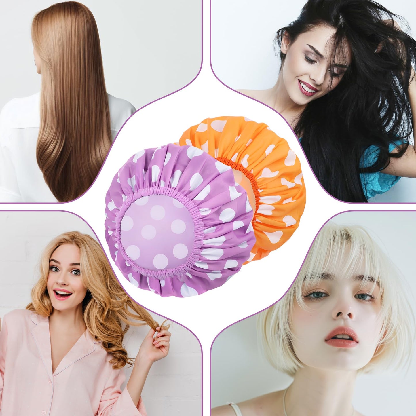 WSICSE 2 Packs Large Shower Caps for Women, Reusable Waterproof Shower Cap Bath Caps with Hair Scrunchies for Long Thick Hair (Purple/Orange)