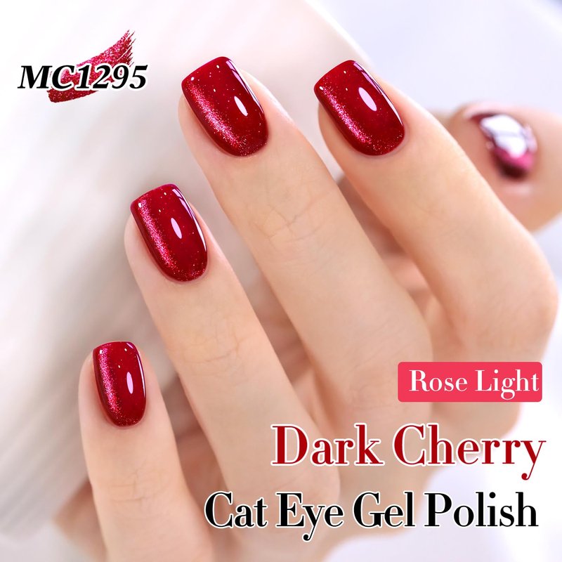 Double Rhythm 15ML Ice Glass Cat Eye Gel Polish with Magnet Holographic Glitter Shimmer Translucent Sheer Color Salon Soak Off Magnetic Nail at Home (Dark Cherry-MC1295)
