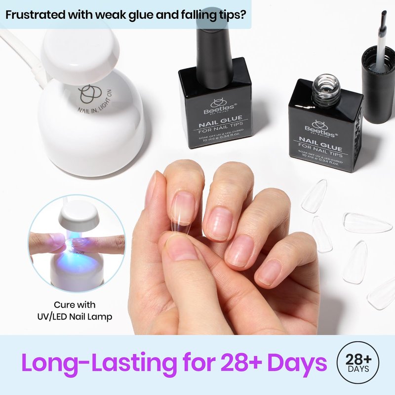 Beetles 9 in 1 Gel Nail Glue for Acrylic Nails Tips, 2 Pcs 10ml Super Strong Nail Glue for Clear False Nails Tips Base Coat Rhinestones Blooming Art Summer Nails Long Lasting U V Light Cure