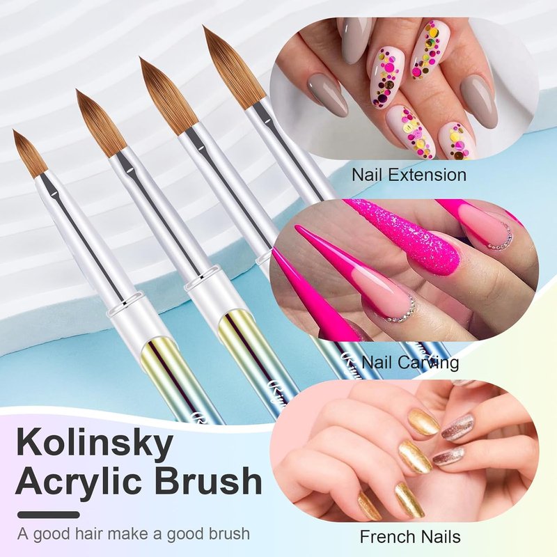 Acrylic Nail Brush Set - 4PCS Kolinsky Nail Art Brushes for Professional Manicure | Sturdy Handle, Oval Shape, 6/8/12/16 Sizes