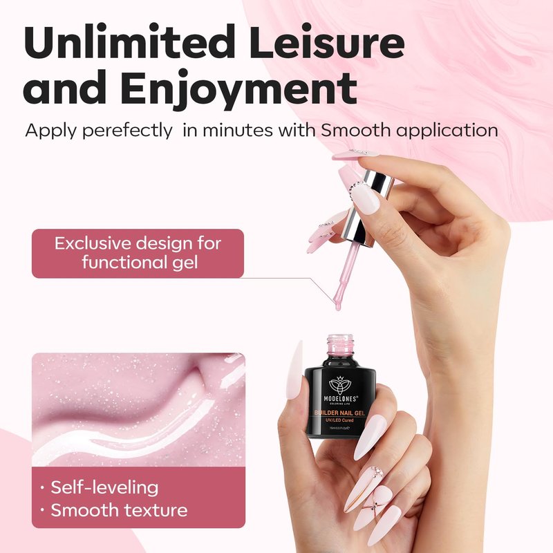 modelones Builder Nail Gel, 8-in-One Nude Pink Shimmer Builder, Glitter Sparkle Rainbow Nail Gel Polish, Jelly Pink Iridescent LED Lamp Cured Hard Rubber Color Base for Home DIY Salon Girls