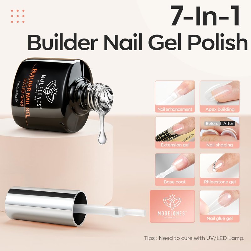 modelones Builder Nail Gel, 2 Pcs Clear Builder Nail Polish for Thickening Strengthener Apex Building Extension Rubber Base Gel Polish in a Bottle for DIY Home Salon Gifts 10ml LED Lamp Cured