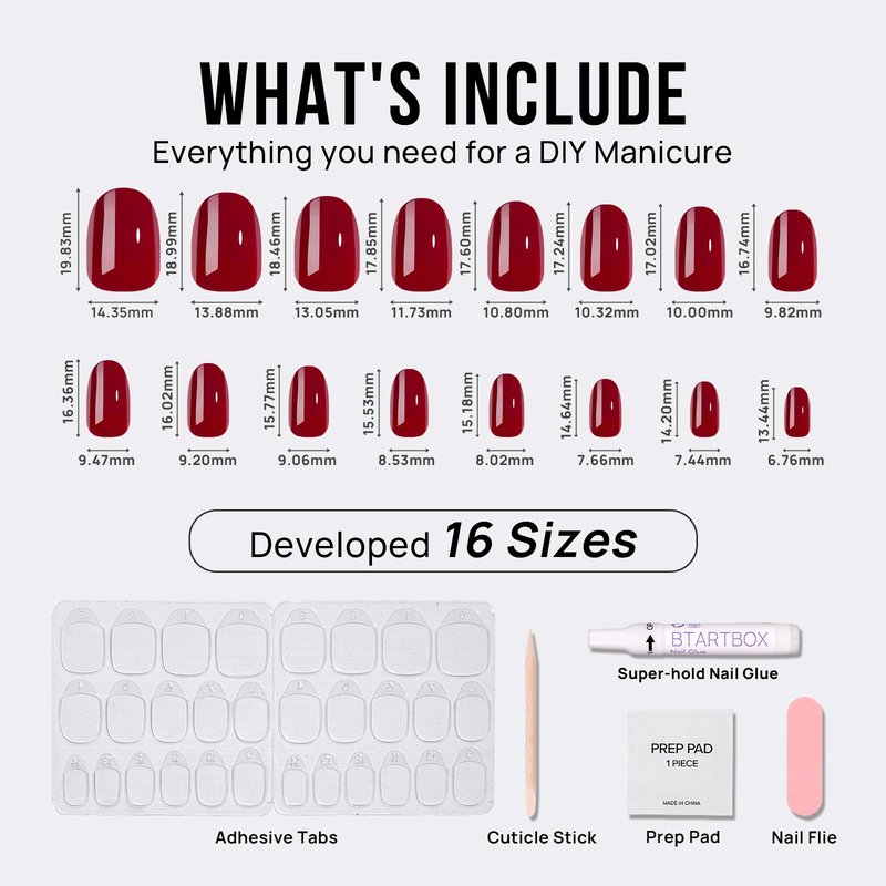 BTArtbox Press On Nails Short - Red Press on Nails Short Oval Nails Fake Nail with Nail Glue, Fit Perfectly, Reusable Glue On Nails in 16 Sizes, Cardinal