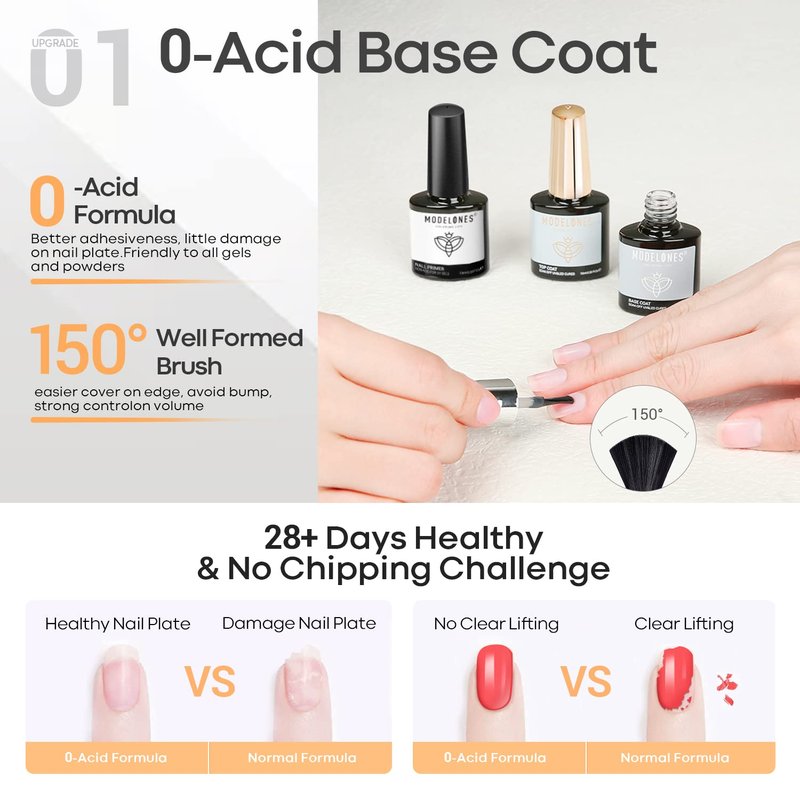 modelones Gel Base Top Coat Set with Nail Primer, 3 Pcs No Wipe Clear Base and Top Coat Nail Bonder Primer Set for Nails Super Shiny Long Lasting Home DIY Manicure Gift for Women