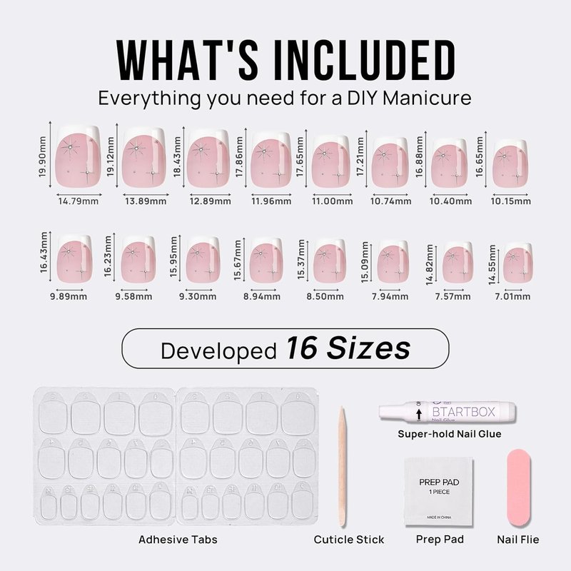 French Tip Press On Nails - Pink Short Soft Gel Nails with Stars | 32 Stick-On Nails in 16 Sizes