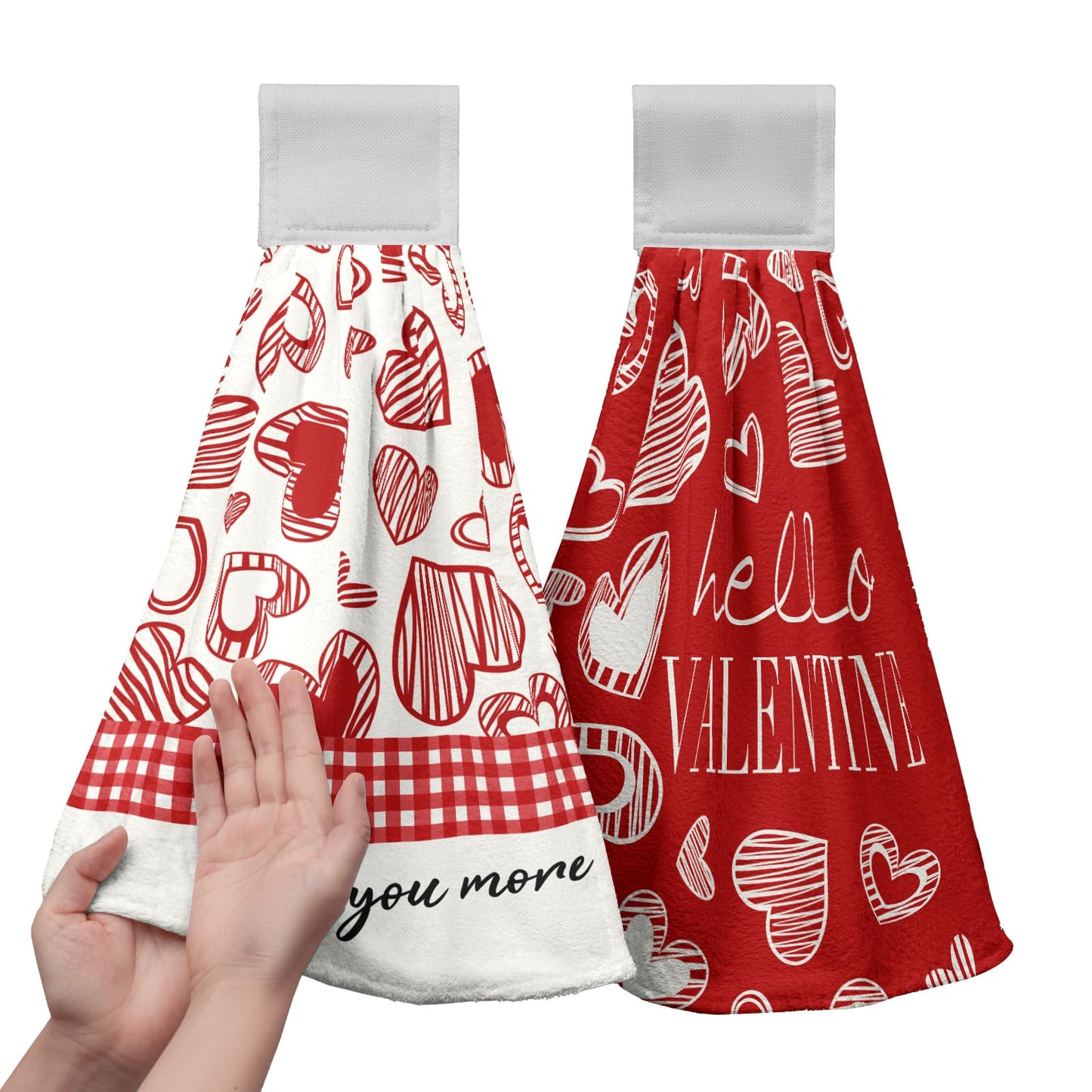 Kwlegh Valentines Day Hanging Kitchen Towels Set of 2 Valentine Red Heart Buffalo Plaid Hand Towels with Hanging Loops Seasonal Sweet Holiday Fingertip Oven Towels hanging Soft Absorbent Bar Tie Towel