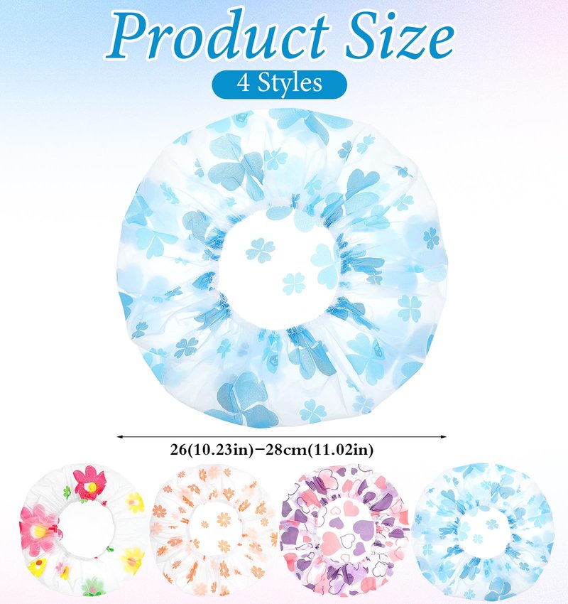 4 Pack Kids Shower Caps for Girls, 11" Reusable Elastic Shower Caps for Kids, Girls, Baby, Women, Bathroom, Makeup, Travel (Random Colors)