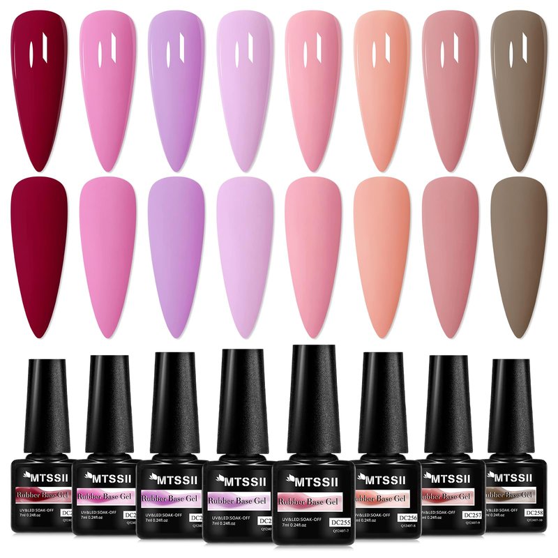 MTSSII 8PCS Rubber Base Gel for Nails Pale Pink Purple Neutral Skin Tones Rubber Base Gel Polish Kit DIY Manicure DIY Nail Art
