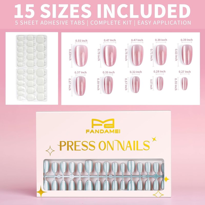 FANDAMEI Press On Nails - Short Almond & Oval Cat Eye Design | Glossy Nude Fake Nails Kit with Adhesive Tabs