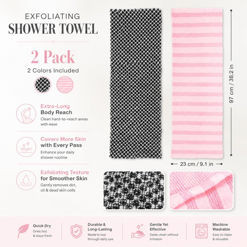 PLLCJB 2Pack Exfoliating Shower Towel, Premium Microfiber Scrub Towel, Body Scrubber with 2 Sides for Scrubbing & Washing, Quick-Drying, Durable and Gentle Exfoliating Towels for All Skin Types