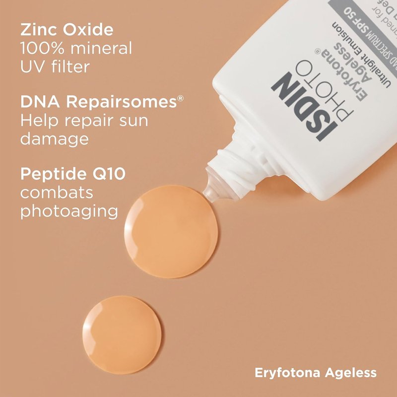 ISDIN Eryfotona Ageless Tinted Mineral Sunscreen SPF 50 - Anti-Aging Face Protection with Zinc Oxide & Vitamin E | Universal Tint, No White Cast