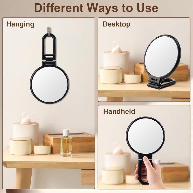 1X/10X Magnifying Handheld Mirror - Double-Sided, Foldable Travel Makeup Mirror | Adjustable Rotation, Black