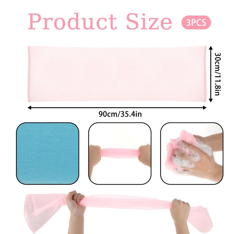 3 Pcs Exfoliating Washcloth, 35 Inch Exfoliating Bath Cloth Body Scrubber Wash Cloths for Showering Towel Japanese Washcloth Loofah Sponge Net Rag Back Washer