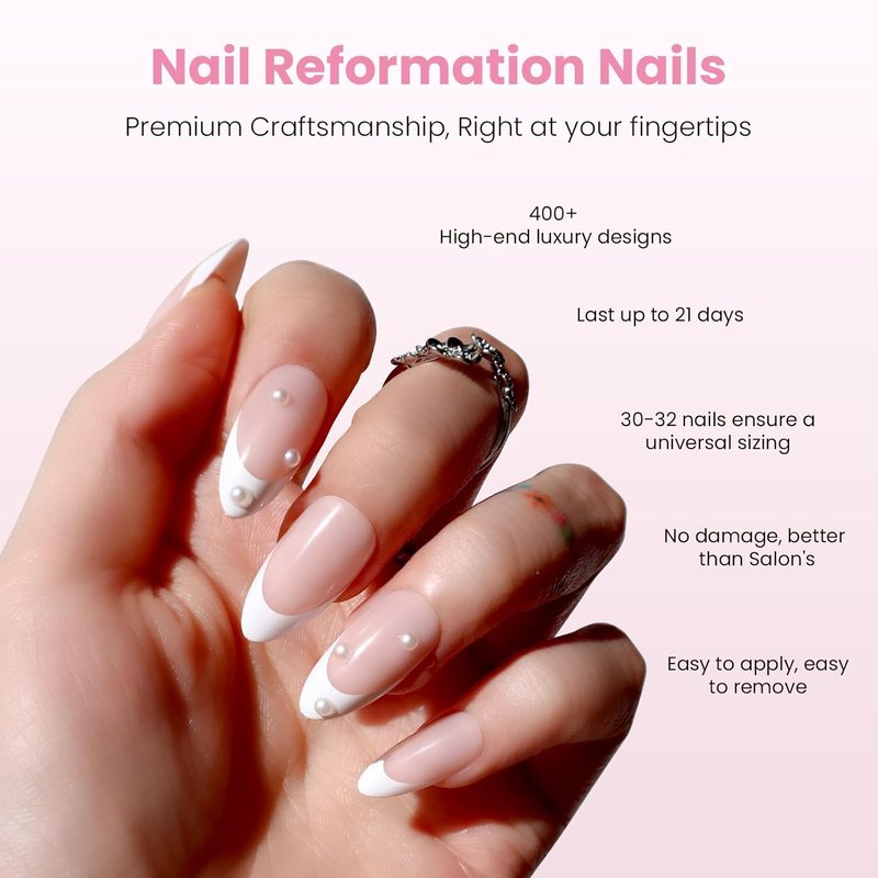 Nail Reformation Press On Nails - Sugar-Coated Pink Medium Almond French Tips with 3D Pearls | Reusable 30-Piece False Nail Kit for Women
