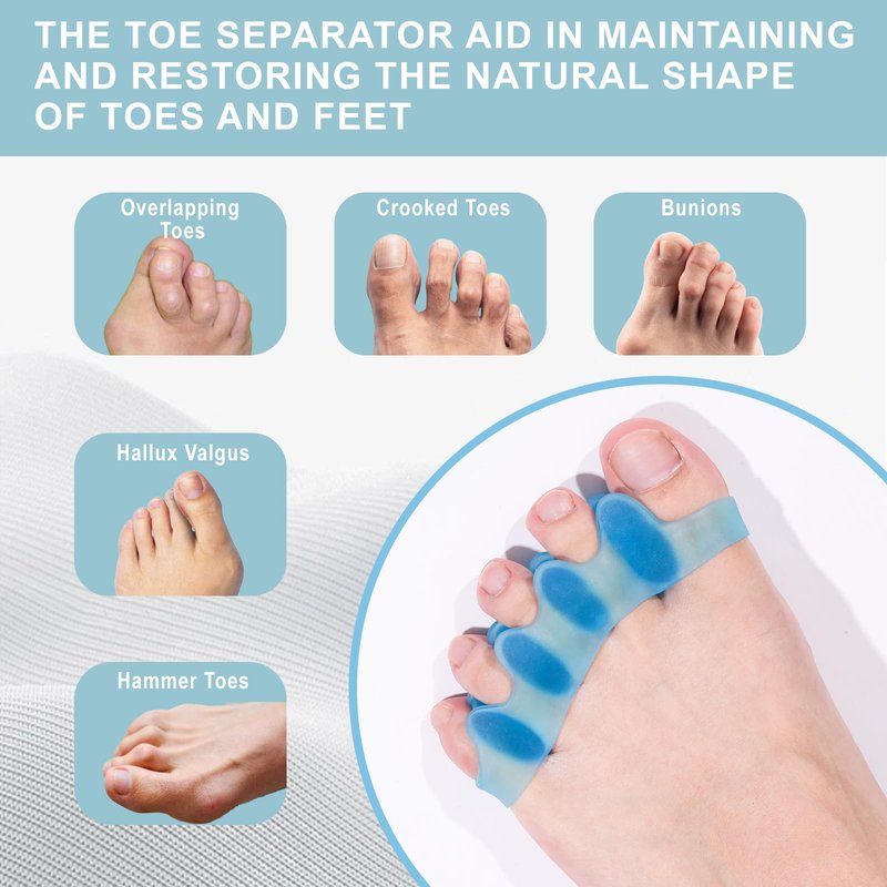 2 Pack Soft Silicone Toe Separators & Spacers for Men & Women, Toe Straighteners for Bunion Relief, Hammer Toe Support & Overlapping Toe Correction - Blue