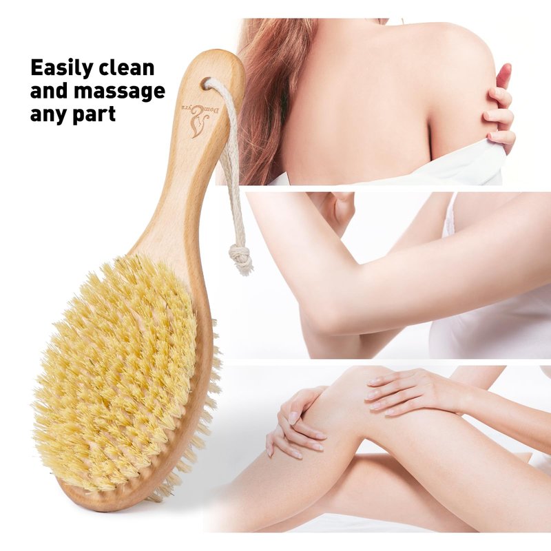 Short-Handle Dual-Sided Bath Massage Brush, Soft Boar & Firm Sisal Bristles, Portable (Natural Beech Wood)