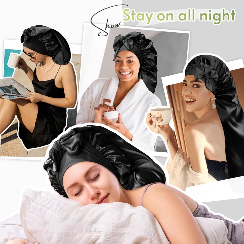 BONNET QUEEN Braid Bonnet Silk Bonnet Foldable Extra Long Wrap for Braids Satin Bonnets with Tie Band Long Sleep Cap, Black