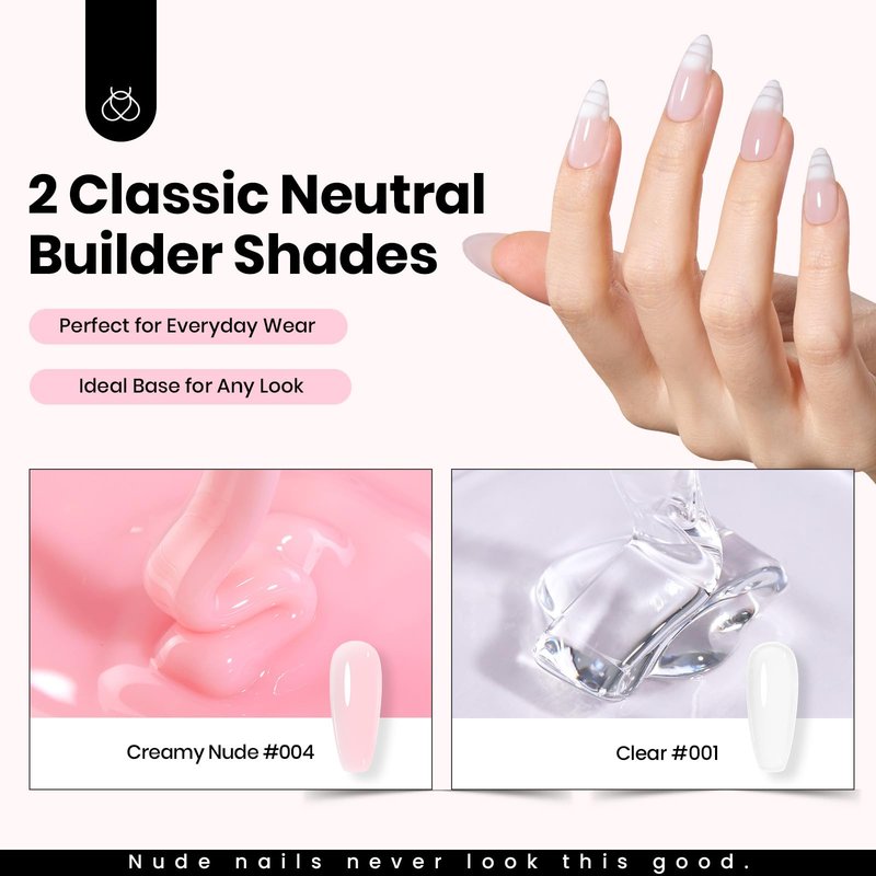 Beetles HEMA-Free Hard Gel for Nails-2 Pcs 1oz 9 in 1 Clear Jelly Pink UV/LED Lamp Cured Sculpting Stengthener Gel for Nail Extension & Nail with Flat Nail Brush for Manicurist Women