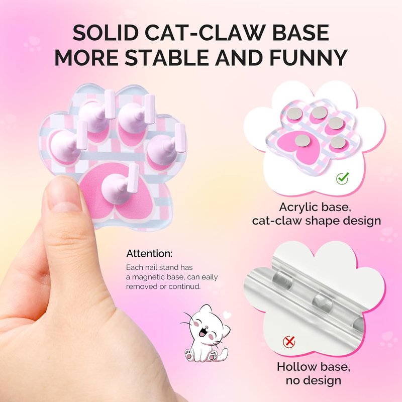 MelodySusie Nail Stand for Press-On Nails - Cute Cat Claw Magnetic Base with Reusable Tape | Rose Pink