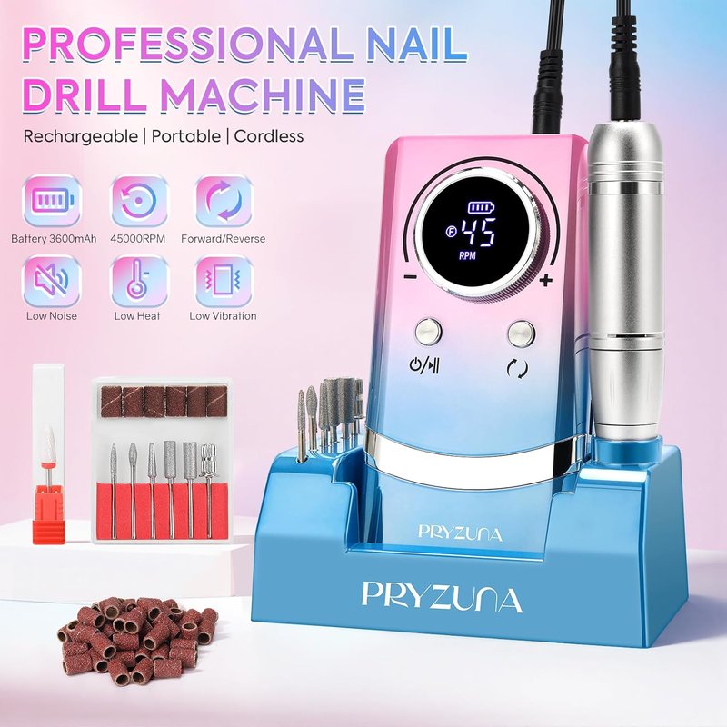 Electric Nail Drill Professional 45000RPM, Portable Cordless Nail File for Acrylic & Gel Nails, Rechargeable E-File Machine with 7 Drill Bits, 56 Sanding Bands & Base, for Salon or DIY Home (Gradient)